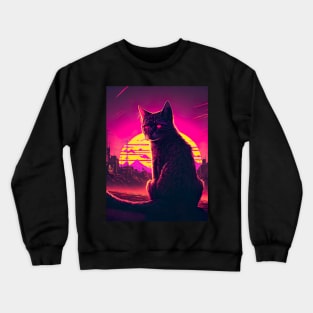 Stray Cat Watching Synthwave Sunset In Apocalyptic City Crewneck Sweatshirt